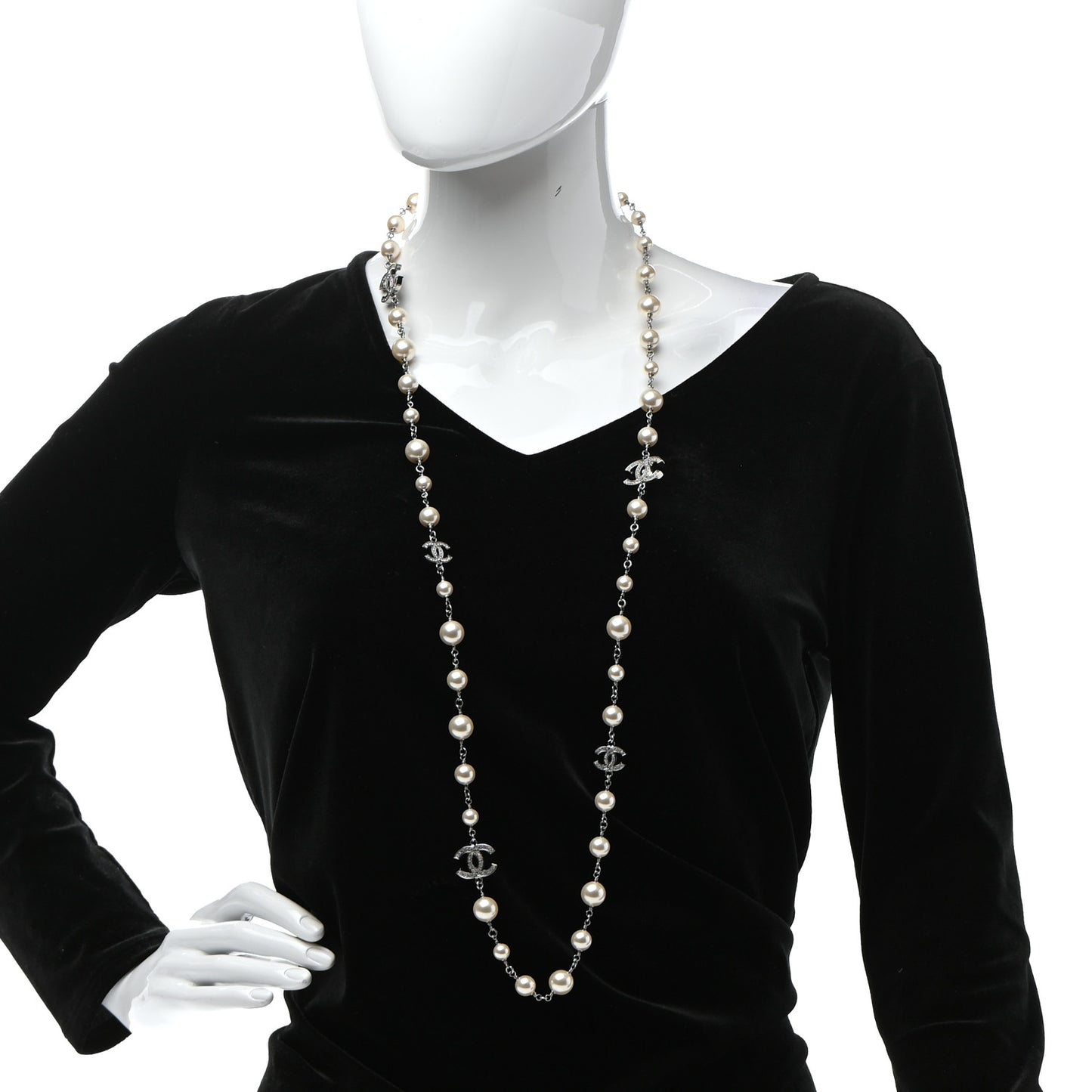 Crystal Pearl CC Long Necklace Silver