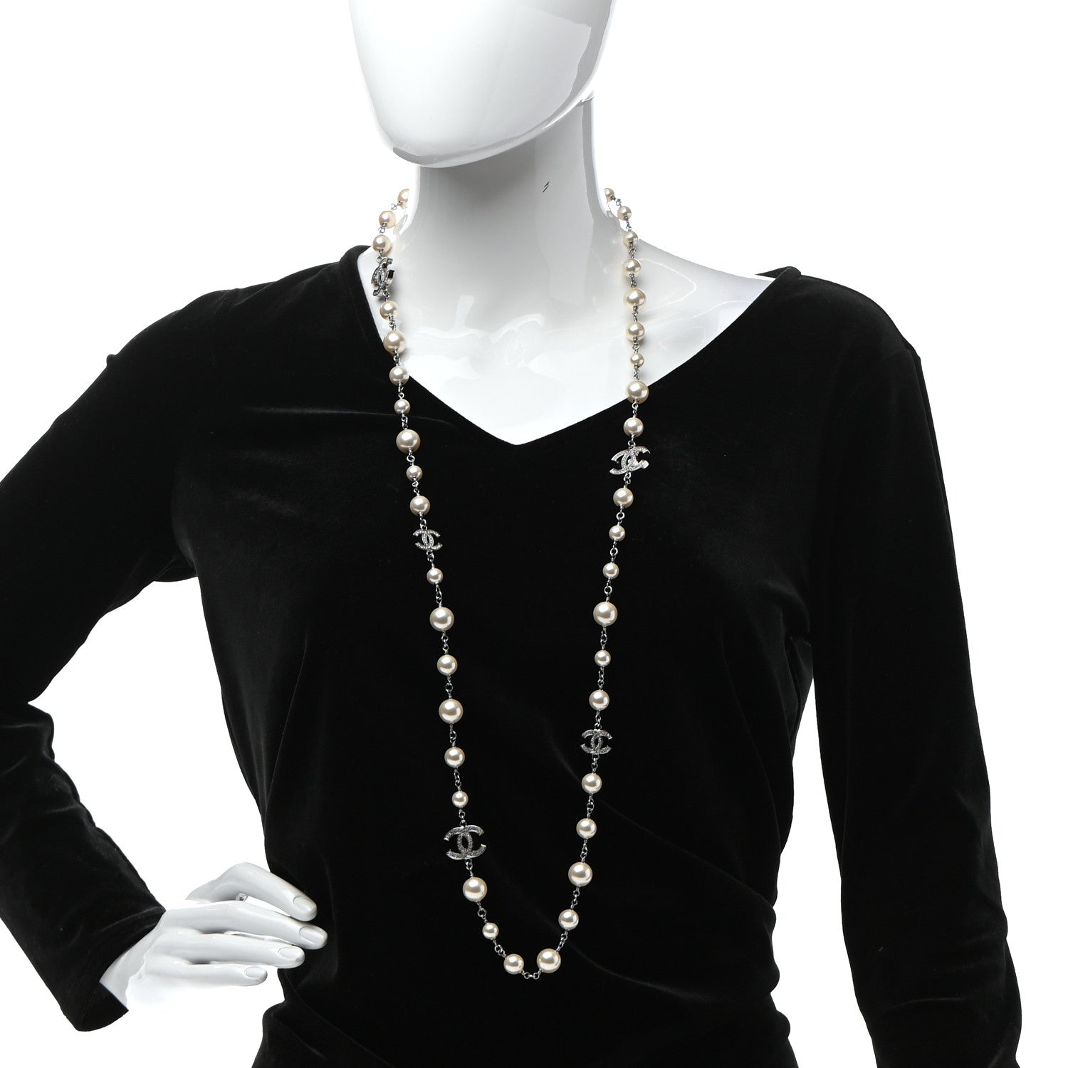 Chanel Crystal Pearl CC Long Necklace Silver 2 of 5