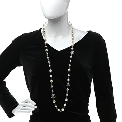 Chanel Crystal Pearl CC Long Necklace Silver 2 of 5