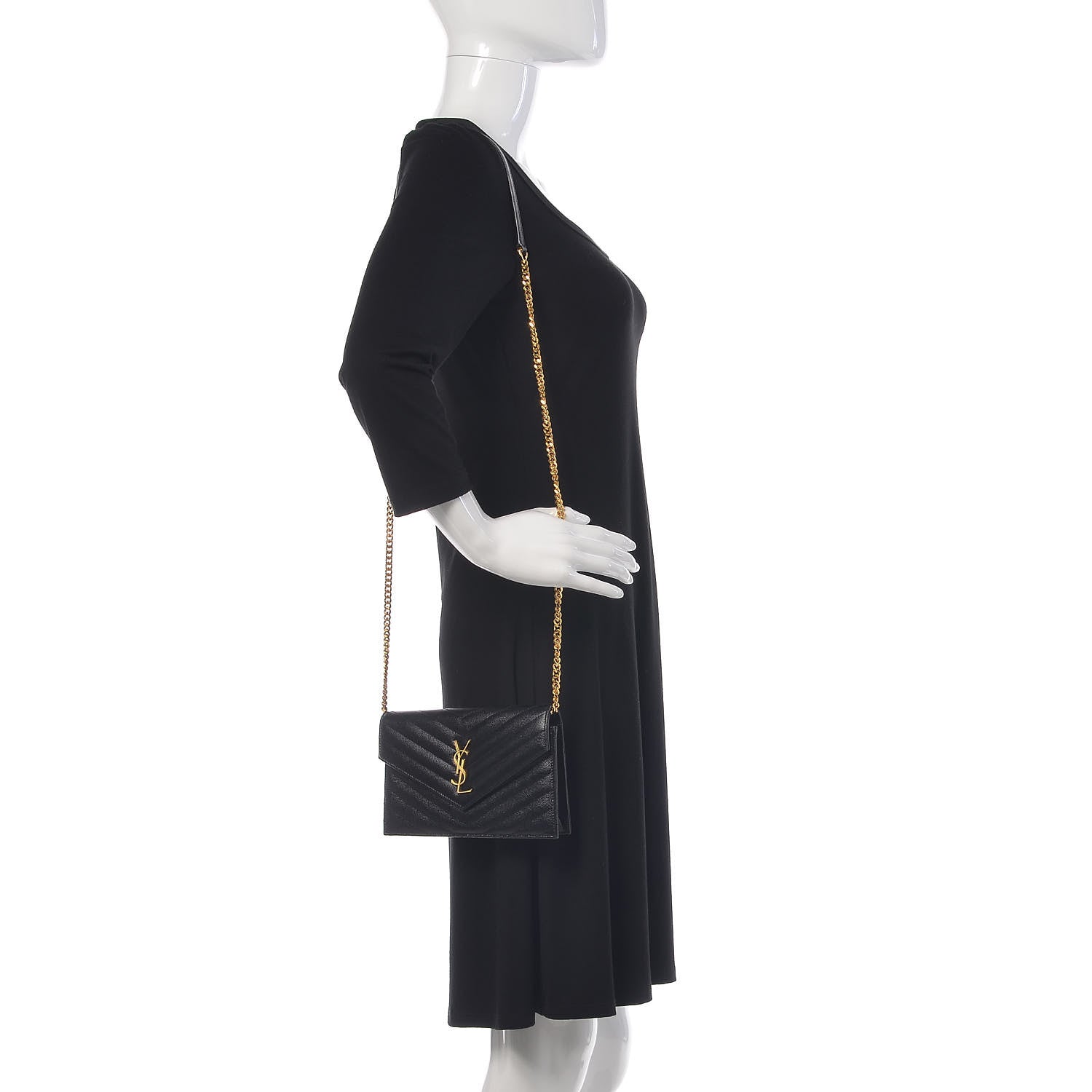 Saint Laurent Grain De Poudre Matelasse Chevron Monogram Envelope Chain Wallet Black 2 of 10
