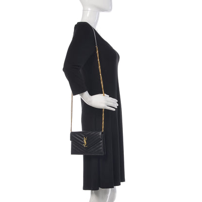 Saint Laurent Grain De Poudre Matelasse Chevron Monogram Envelope Chain Wallet Black 2 of 10