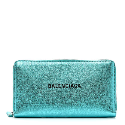 Balenciaga Metallic Goatskin Logo Everyday Continental Zip Around Wallet Turquoise Black 1 of 8