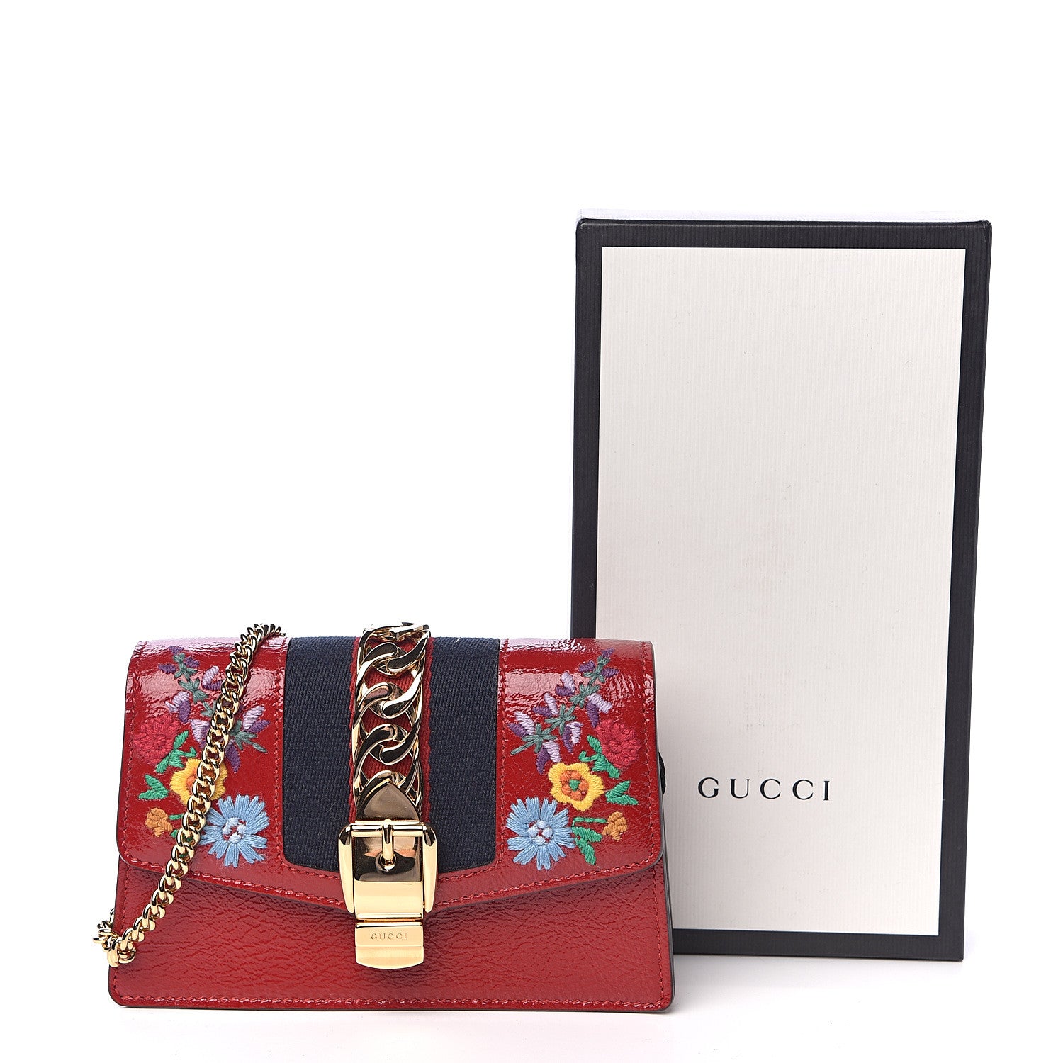 Gucci Patent Embroidered Super Mini Sylvie Chain Shoulder Bag Hibiscus Red 11 of 11