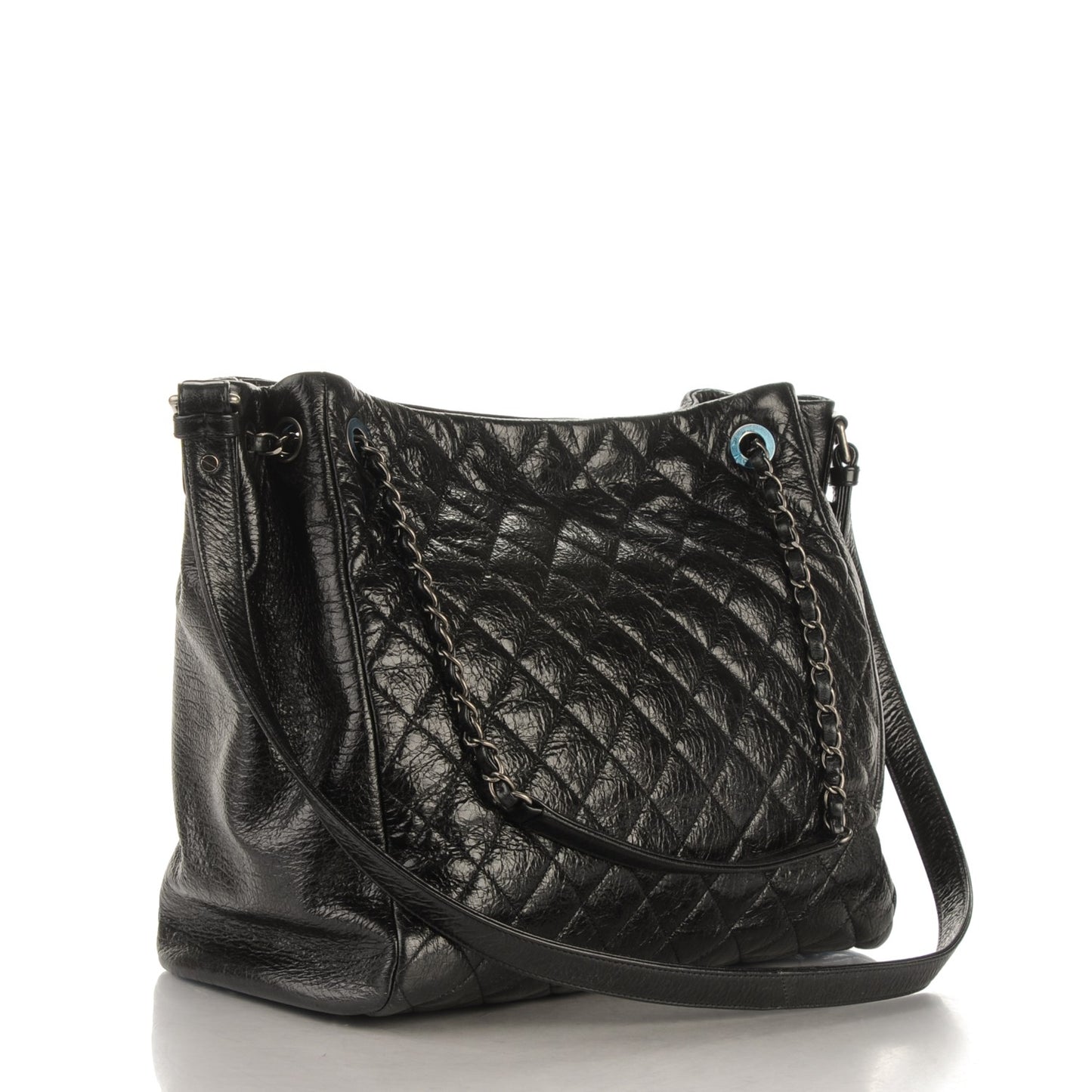 Glazed Calfskin Quilted Large Tote Black