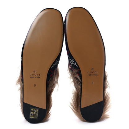 Gucci Canvas GG Monogram Diamond Fur Web GG Mens Princetown Slippers 8 Midnight Blue Hibiscus Red 5 of 7