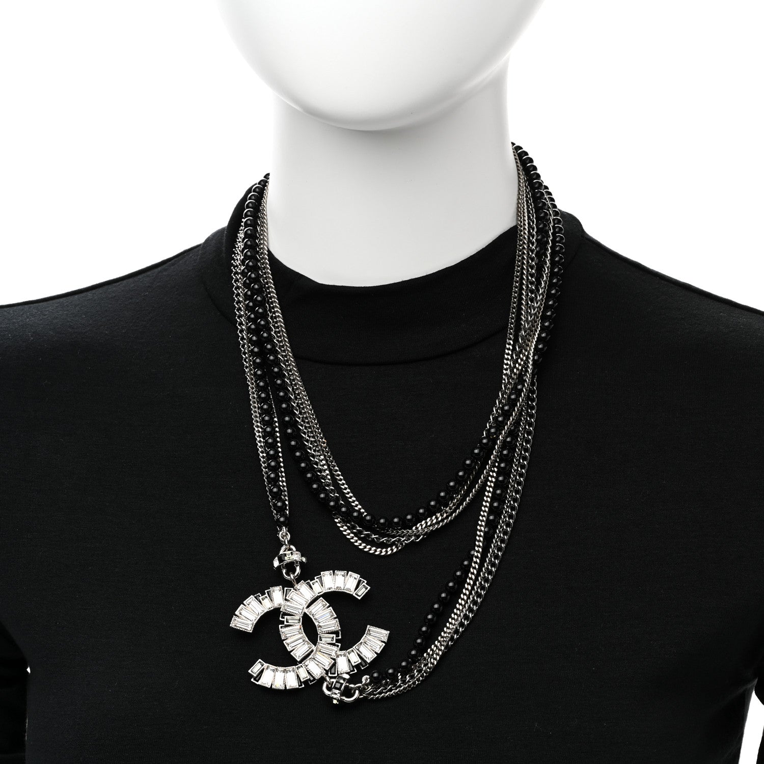 Chanel Metal Crystal Baguette Beaded CC Multi Strand Long Necklace Silver Black 3 of 7
