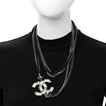 Chanel Metal Crystal Baguette Beaded CC Multi Strand Long Necklace Silver Black 3 of 7