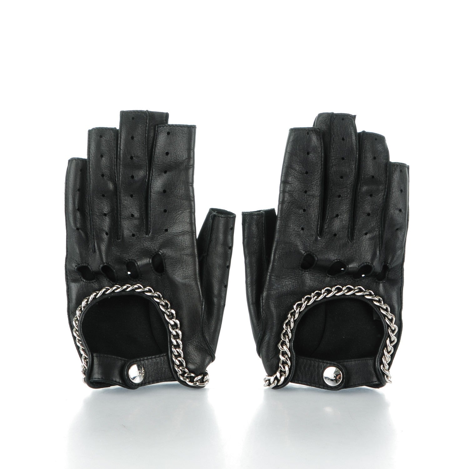 Chanel Lambskin Perforated Fingerless Chain CC Gloves 7.5 Black 2 of 10