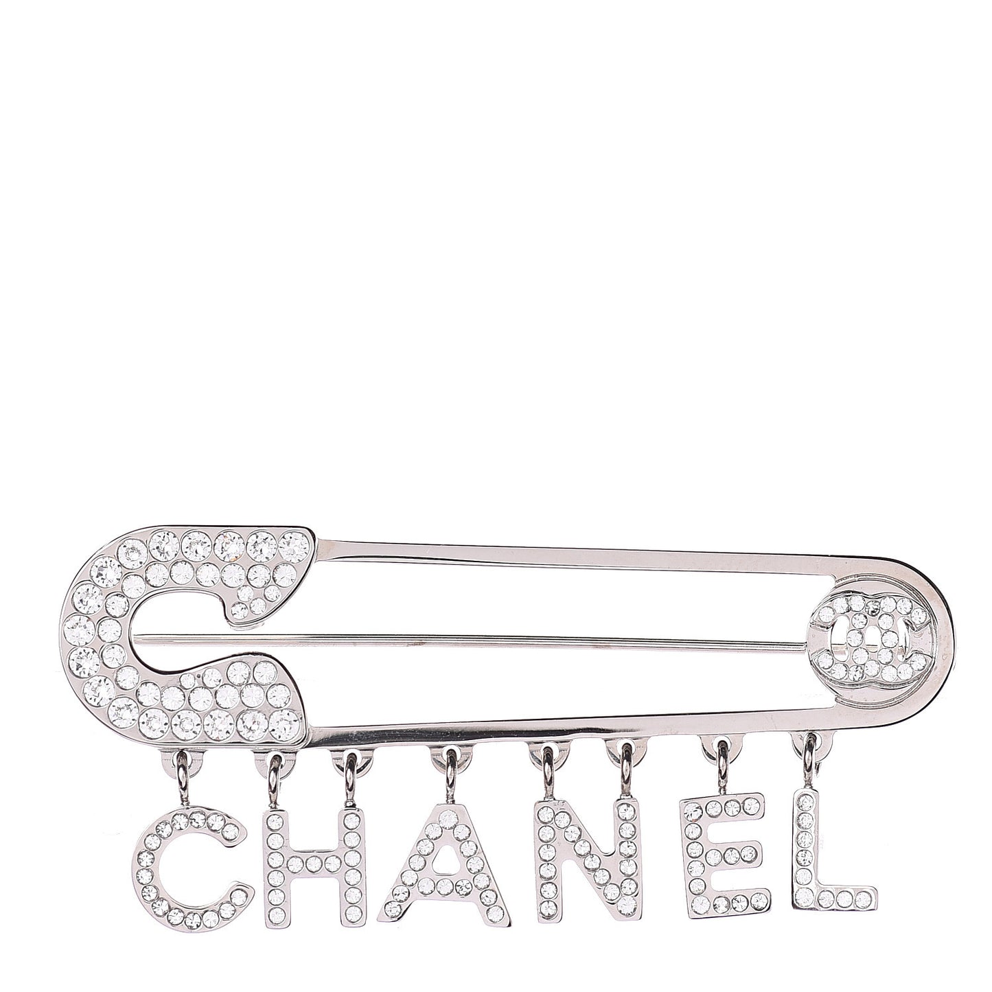 Crystal Safety Pin Brooch Silver