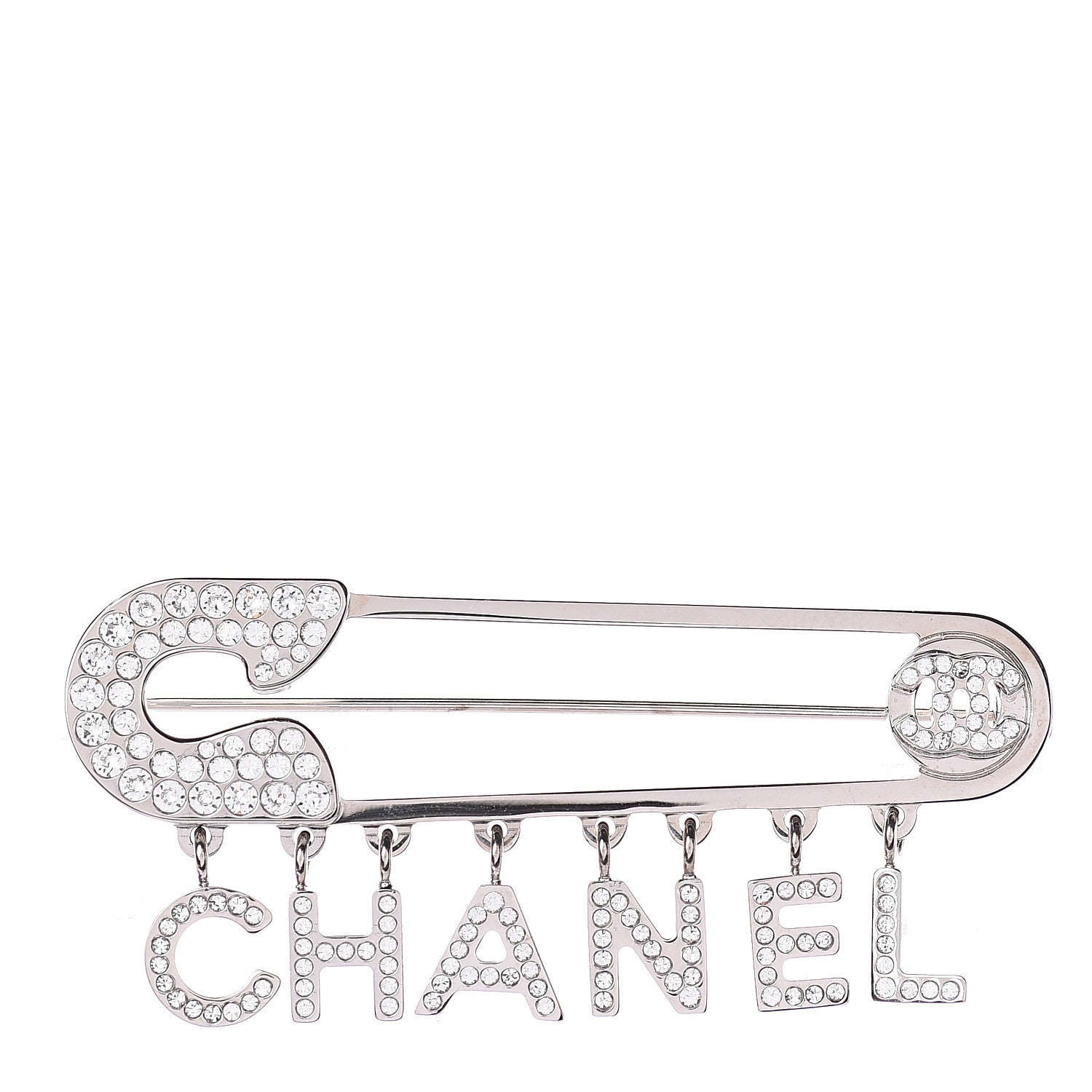 Chanel Crystal Safety Pin Brooch Silver 1 of 3
