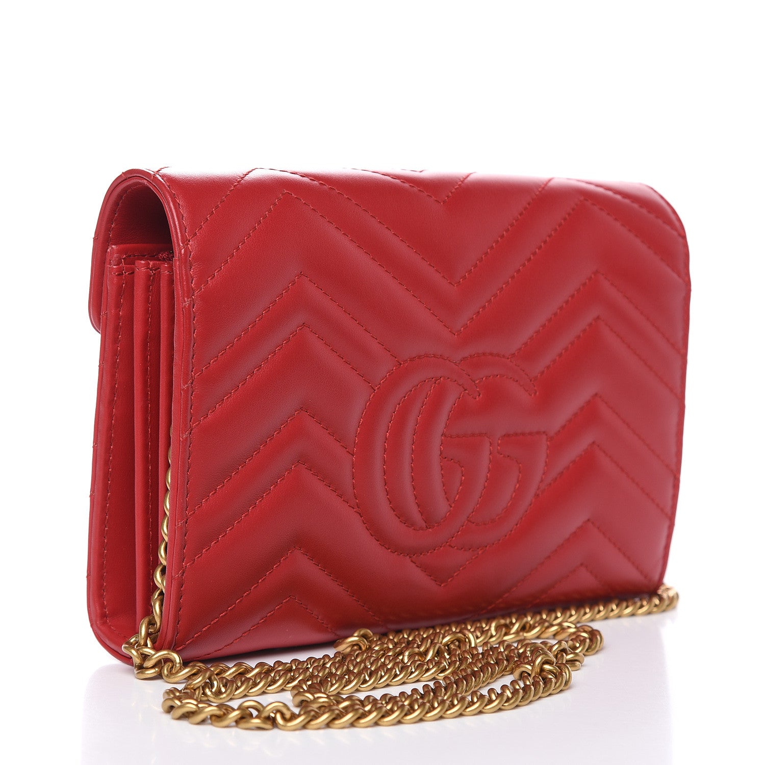 Gucci Calfskin Matelasse GG Marmont Chain Wallet Hibiscus Red 3 of 10