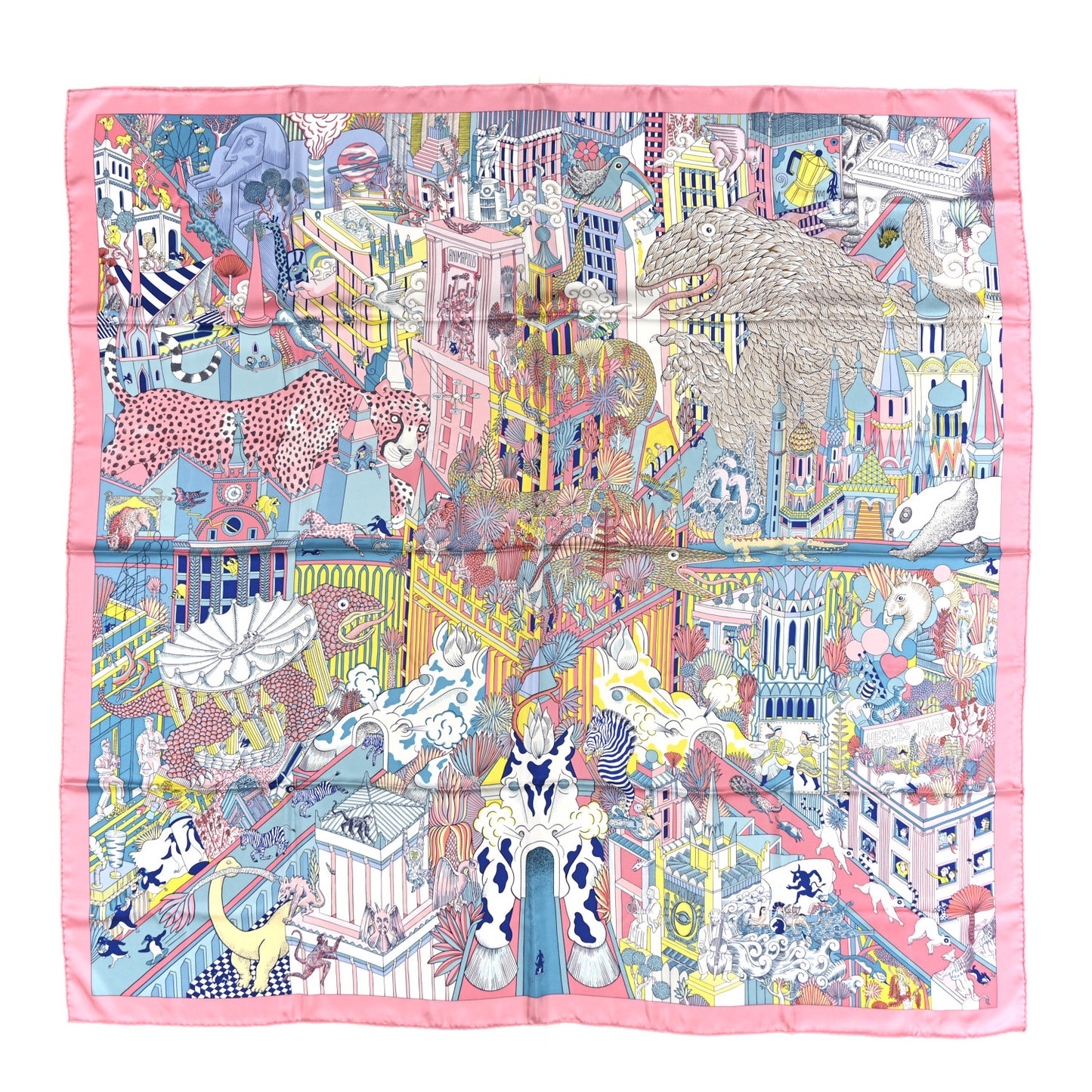 Silk Animapolis Scarf 140 Bubble Gum Bleu Jaune