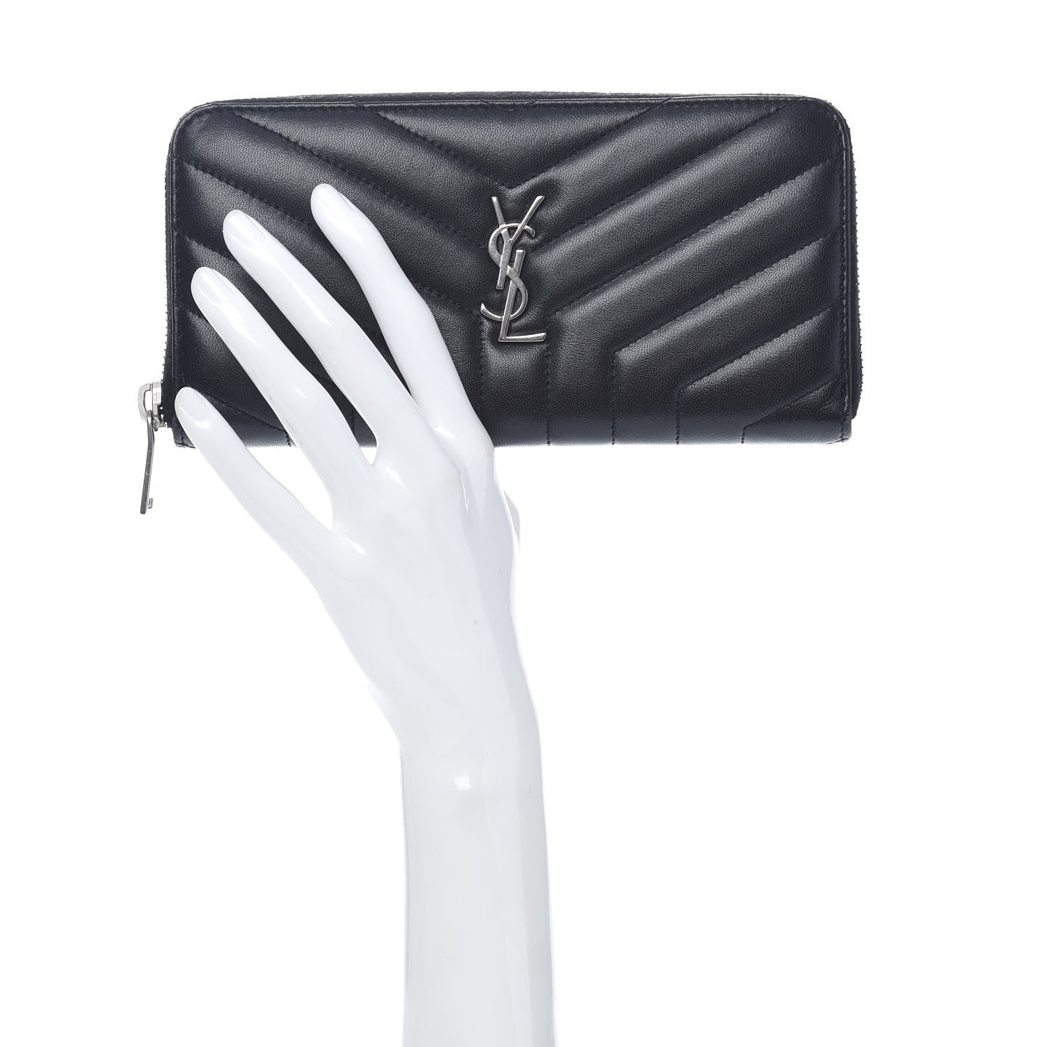 Saint Laurent Calfskin Matelasse Chevron Monogram Zip Around Wallet Black 2 of 8