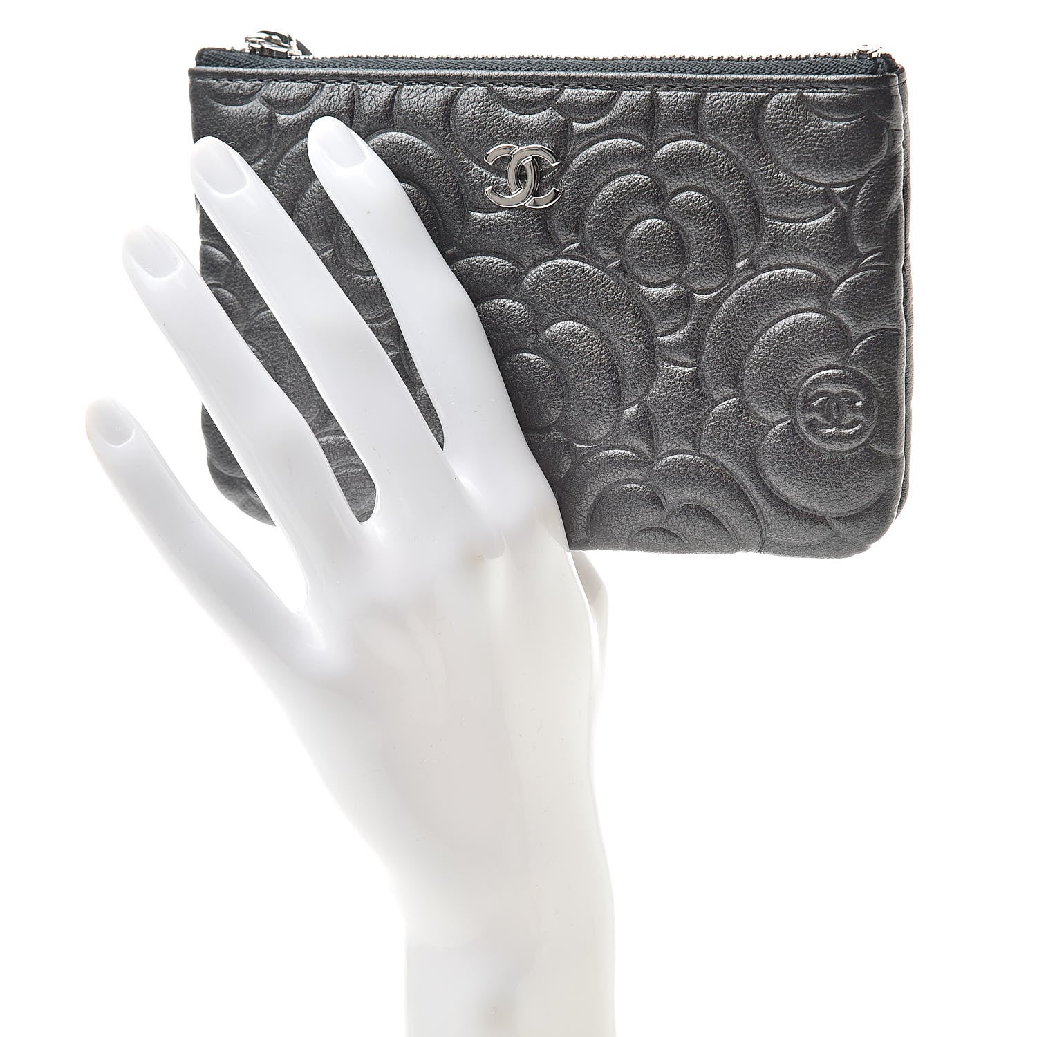 Chanel Goatskin Camellia Embossed Cosmetic Pouch Anthracite 2 of 8