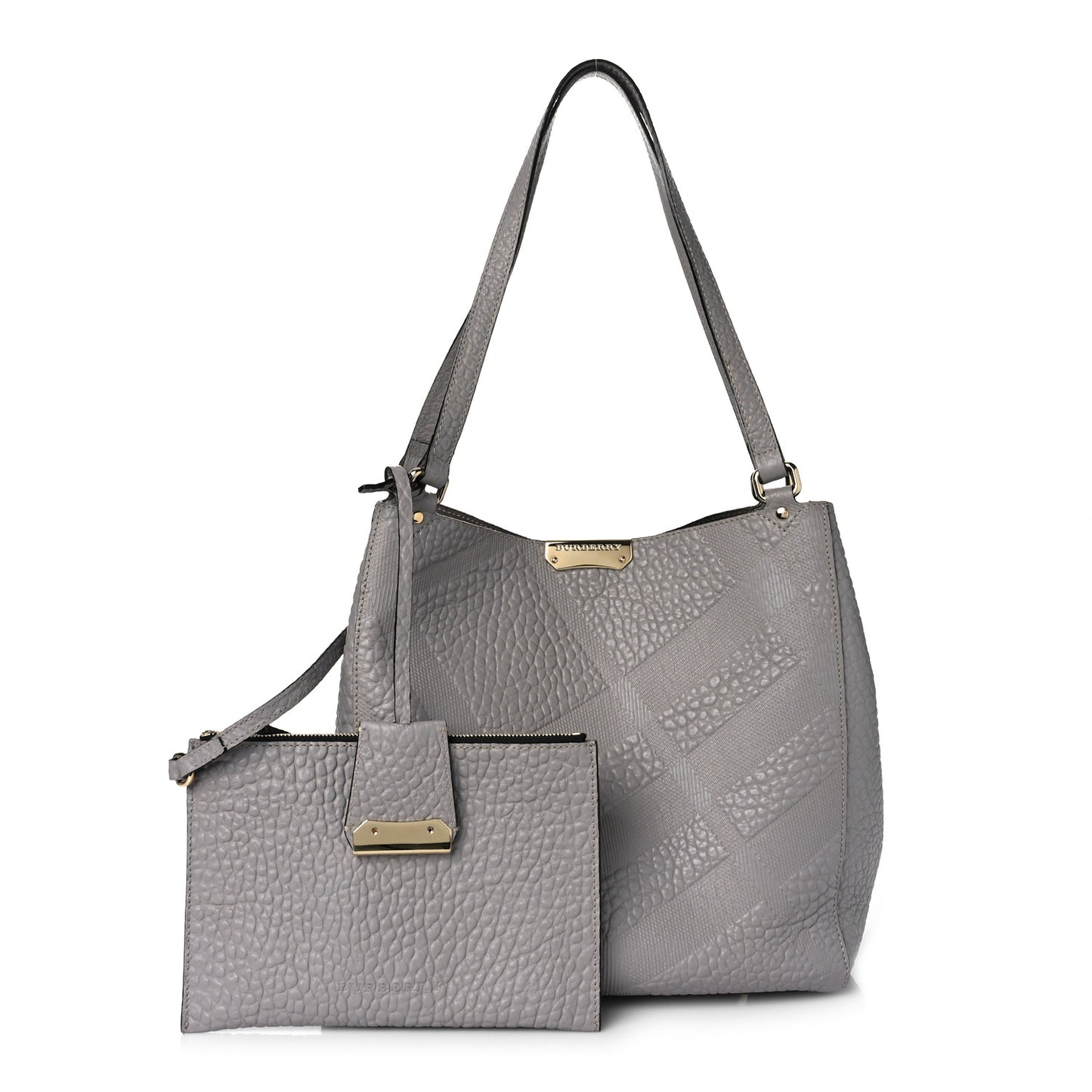 Signature Grain Calfskin Check Embossed Small Canterbury Tote Stone White