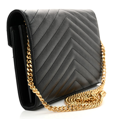 Saint Laurent Grain De Poudre Matelasse Chevron Monogram Chain Wallet Black 3 of 13