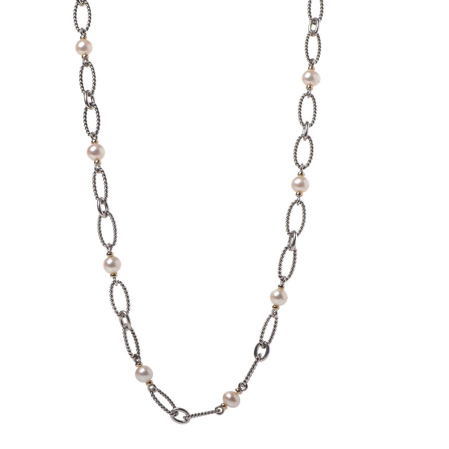 Sterling Silver 18K Gold Pearl Figaro Chain Necklace