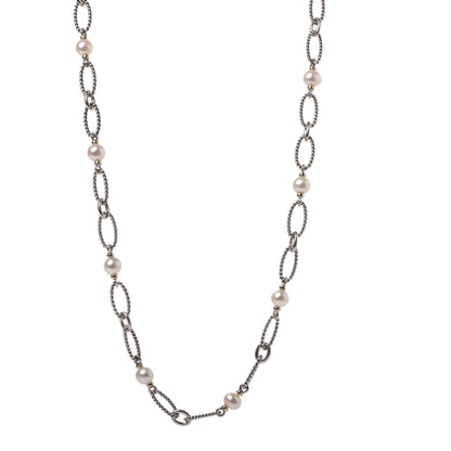 David Yurman Sterling Silver 18K Gold Pearl Figaro Chain Necklace 1 of 5