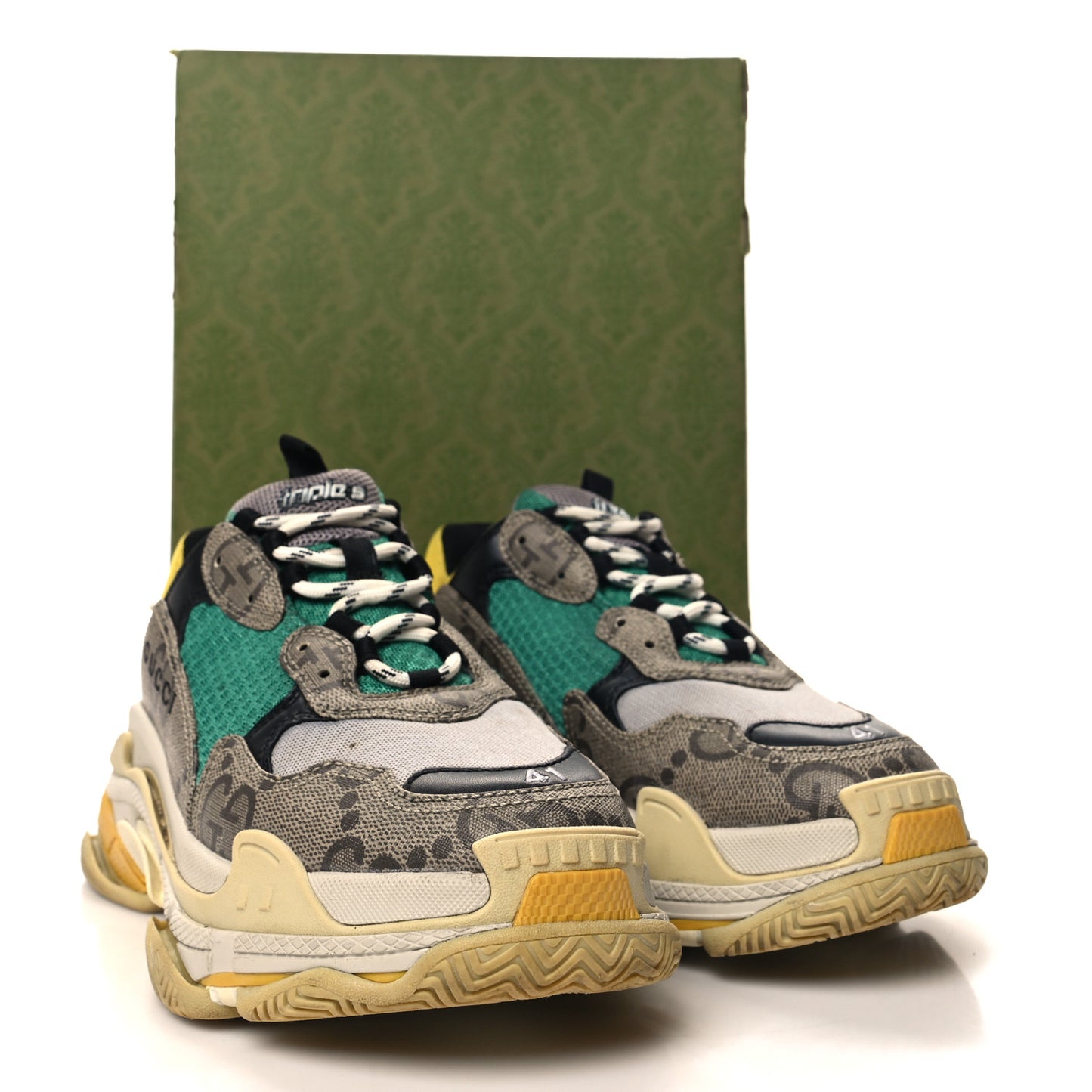 X GUCCI Maxi GG Supreme Monogram Mens Triple S Sneakers 8 Beige Ebony Black Green