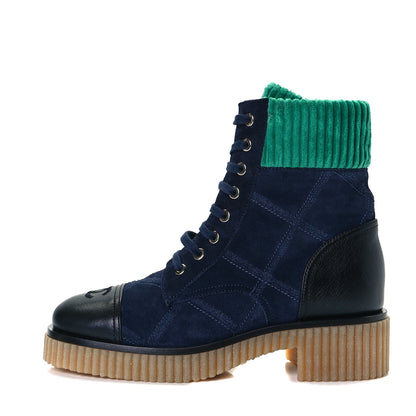 Chanel Suede Calfskin Velvet Quilted CC Combat Boots 38 Navy Green Black 1 of 8