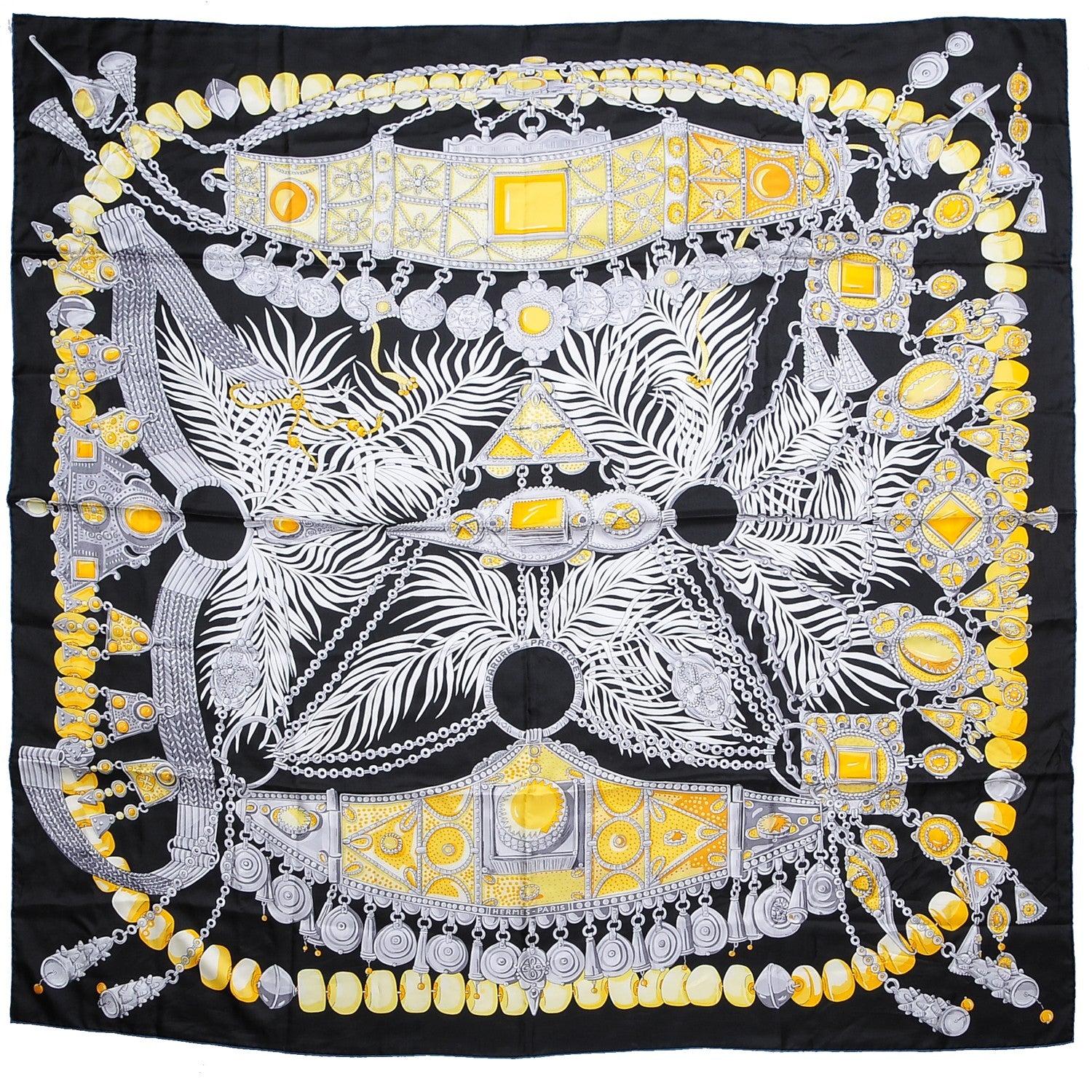 Hermes Silk Twill Parures Precieuses Shawl 140 Noir Jaune D'Or Gris 1 of 7