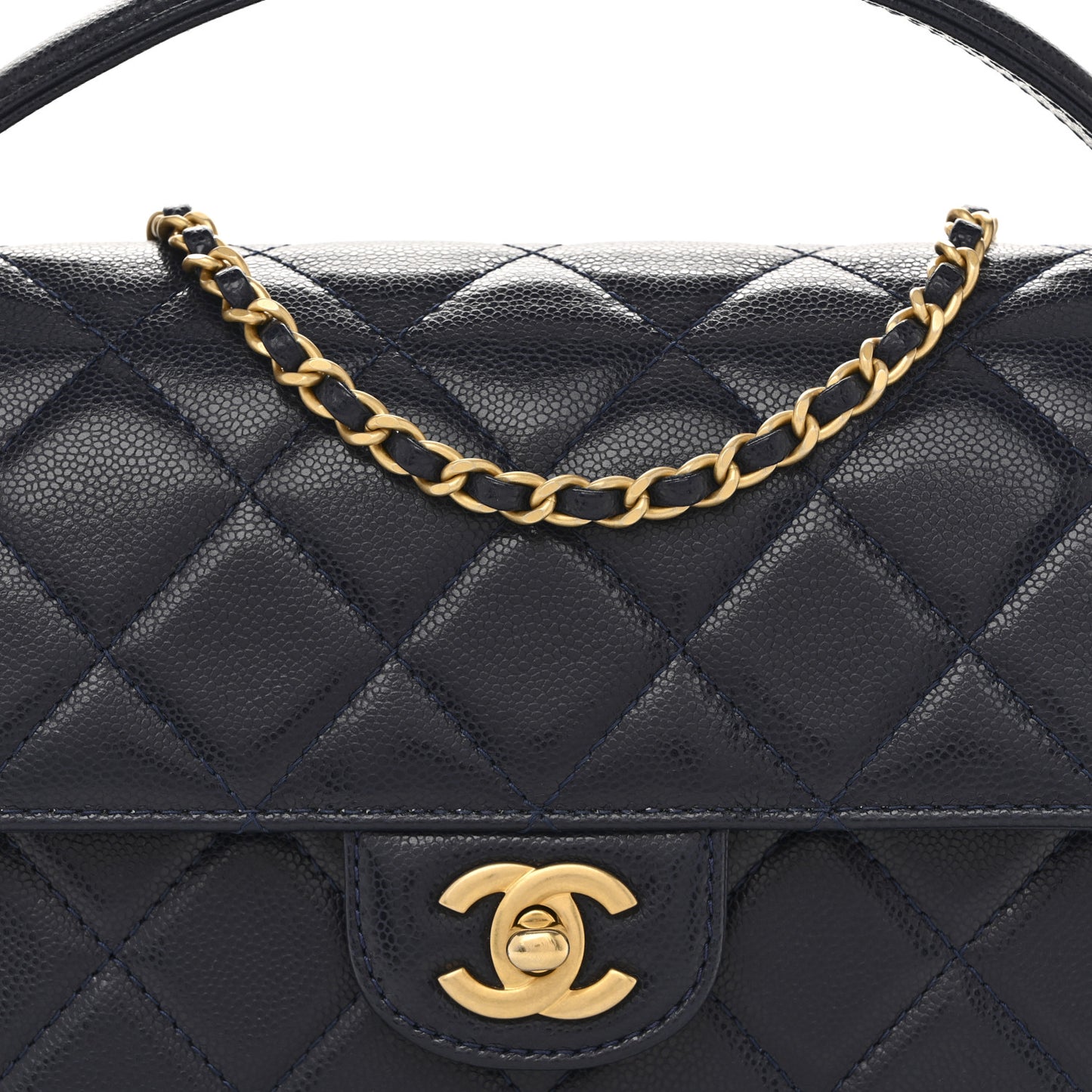 Shiny Caviar Quilted Mini Top Handle Flap Navy Blue