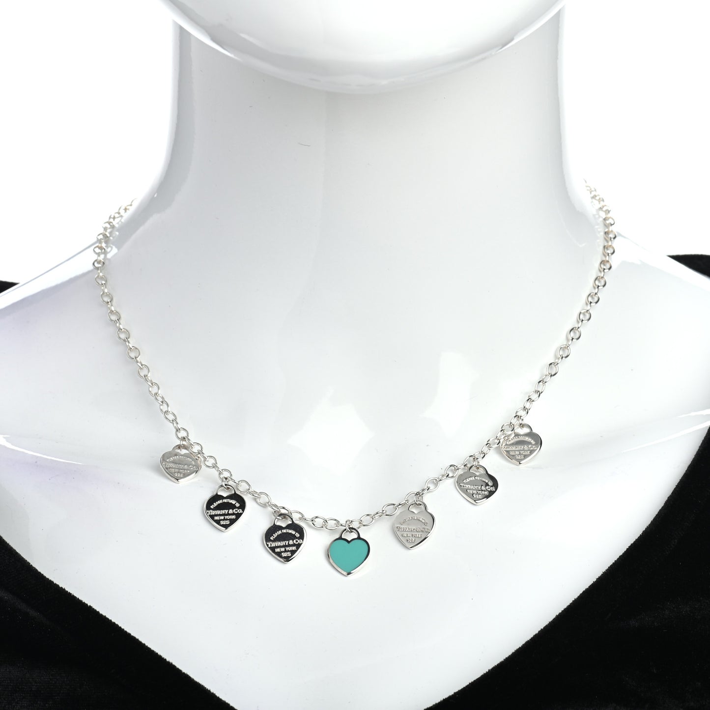Sterling Silver Enamel Return to Tiffany Multi Heart Charm Necklace Blue