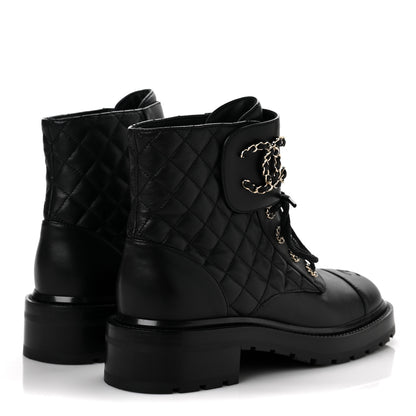 Chanel Shiny Lambskin Quilted Lace Up Combat Boots 39.5 Black 4 of 6