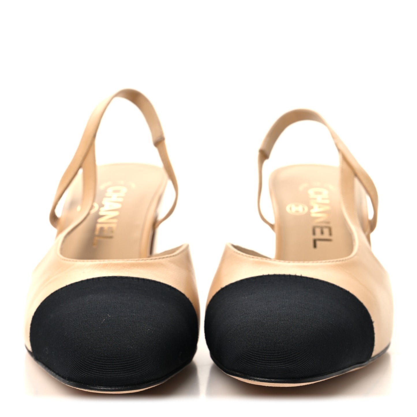Goatskin Grosgrain Cap Toe CC Slingback Pumps 37 Beige Black