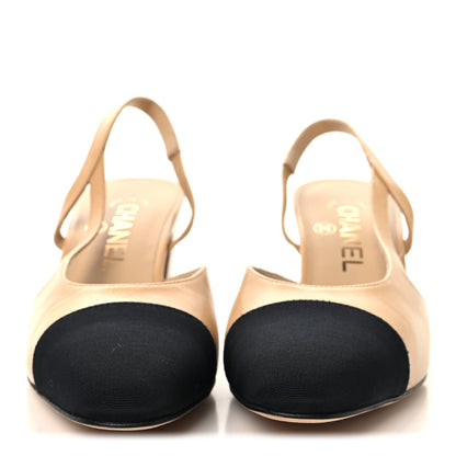 Chanel Goatskin Grosgrain Cap Toe CC Slingback Pumps 37 Beige Black 3 of 10