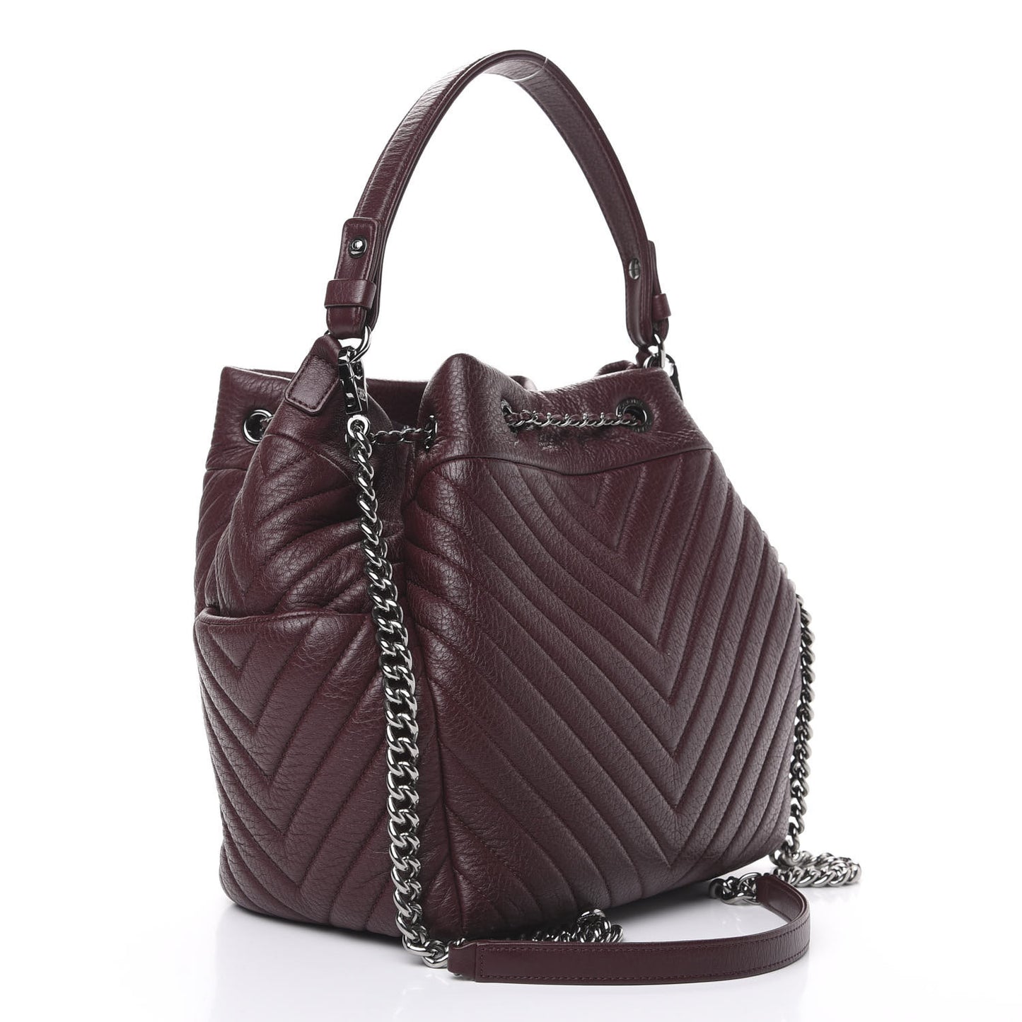 Deerskin Chevron Medium CC Chain Bucket Drawstring Bag Burgundy