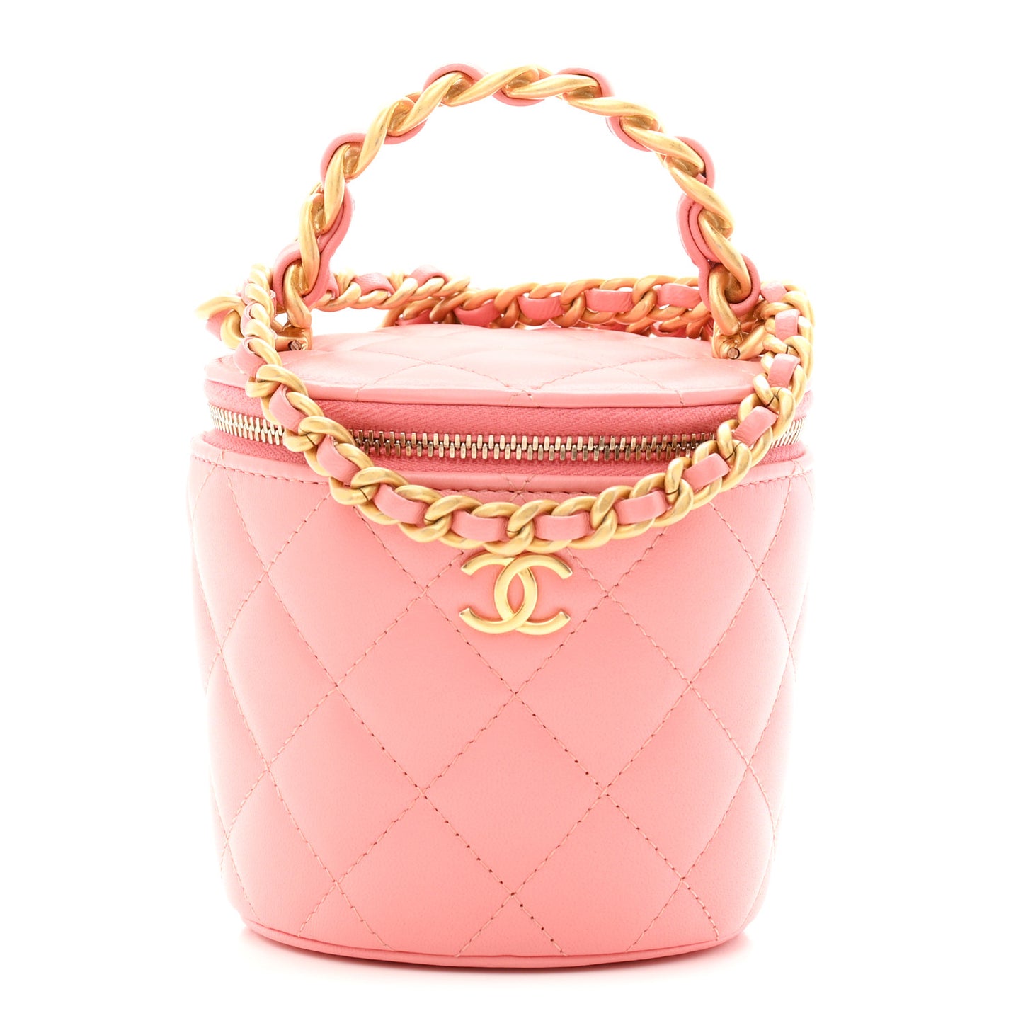 Lambskin Quilted Afternoon Tea Top Handle Vanity Case With Chain  Light Pink