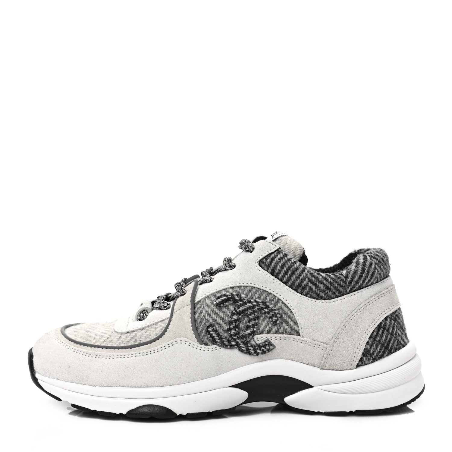 Chanel Fabric Suede Calfskin Womens CC Sneakers 39 Ivory Light Gray White 1 of 7
