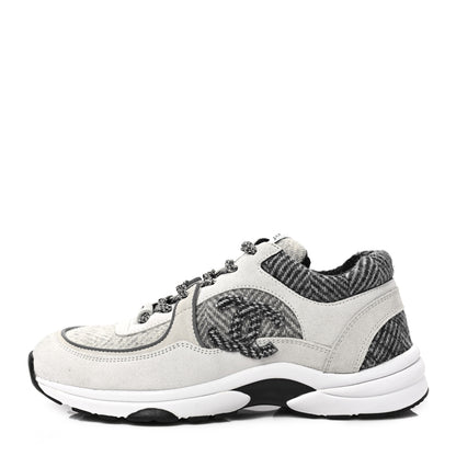 Chanel Fabric Suede Calfskin Womens CC Sneakers 39 Ivory Light Gray White 1 of 7