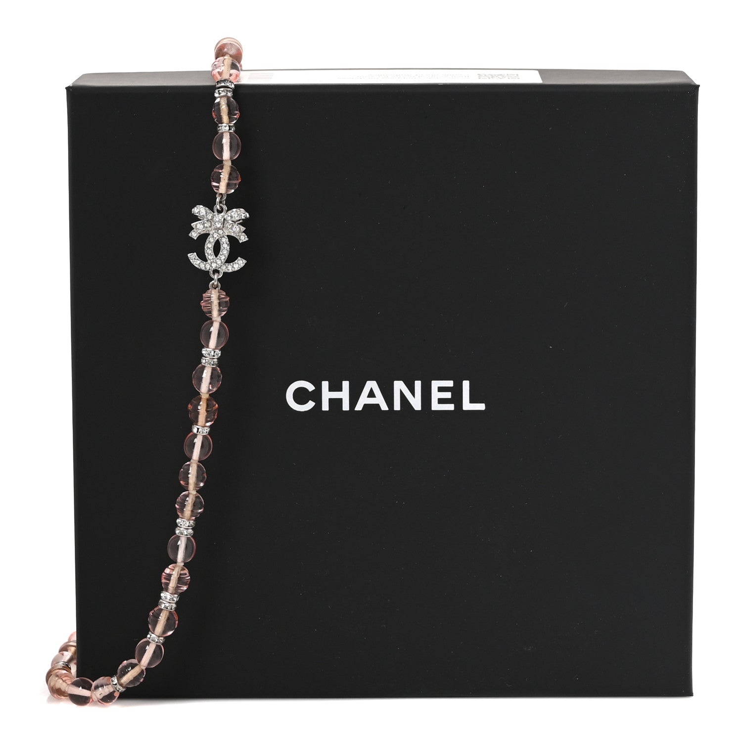 Chanel Metal Glass Strass Beaded CC Bow Necklace Silver Pink 5 of 5