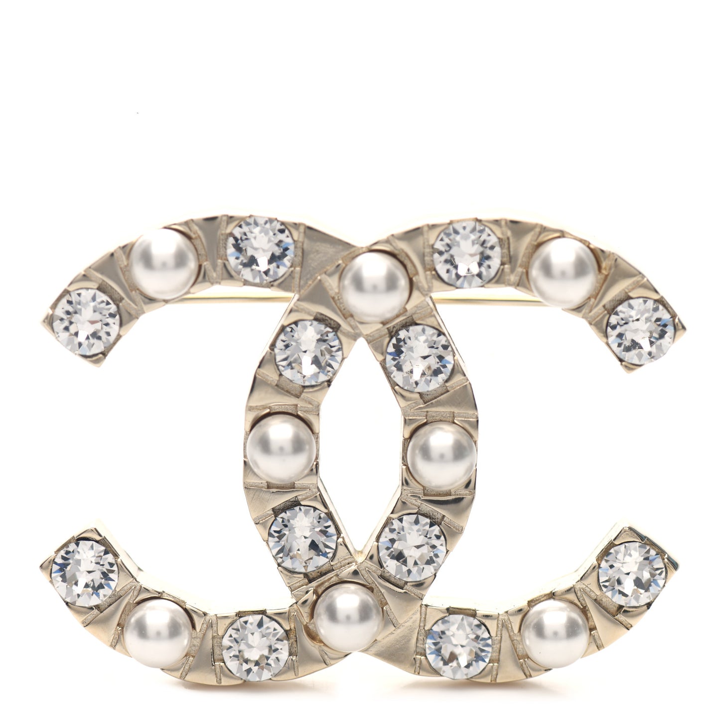 Pearl Crystal CC Brooch Gold