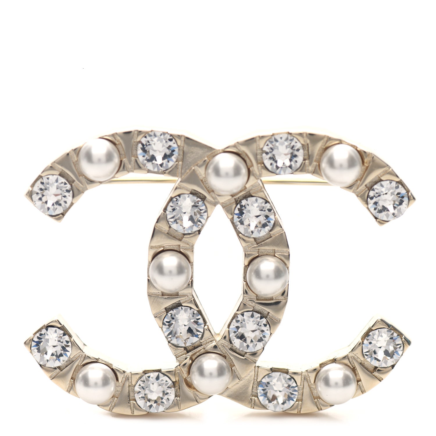 Chanel Pearl Crystal CC Brooch Gold 1 of 4