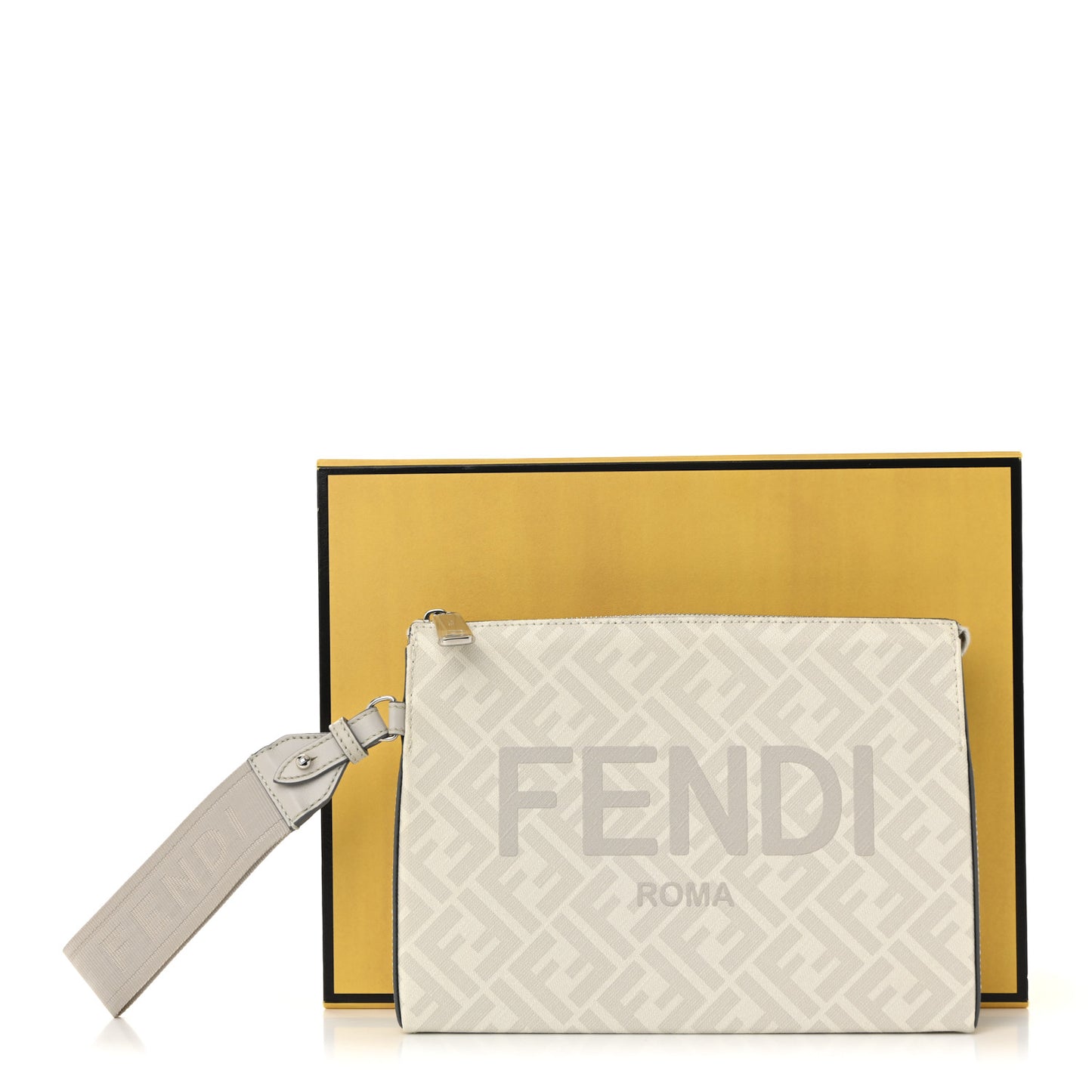 Shiny Glazed Fabric Vitello Cover FF 1974 Logo Clutch Pearl Gravel