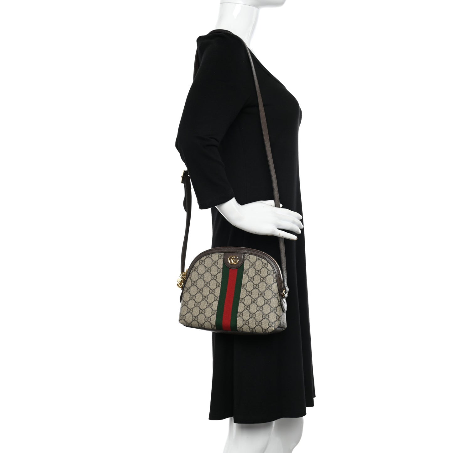 GG Supreme Monogram Textured Dollar Calfskin Web Small Ophidia Dome Shoulder Bag Beige Ebony New Acero