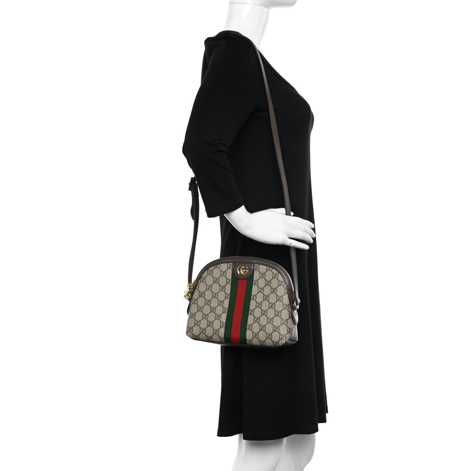 Gucci GG Supreme Monogram Textured Dollar Calfskin Web Small Ophidia Dome Shoulder Bag Beige Ebony New Acero 2 of 11