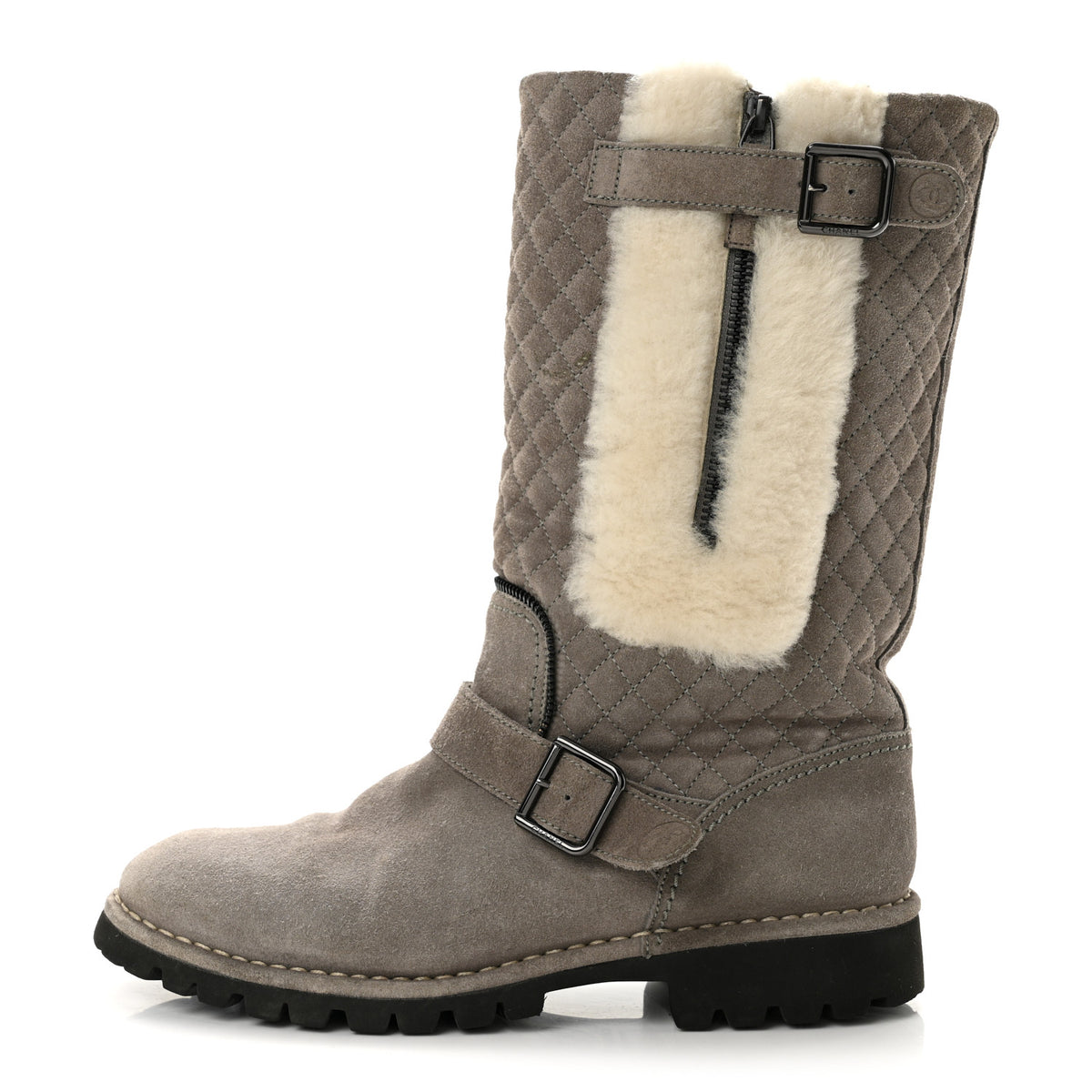 Chanel Shearling Suede Calfskin Quilted High Biker Boots 40 Grey 1 of 8