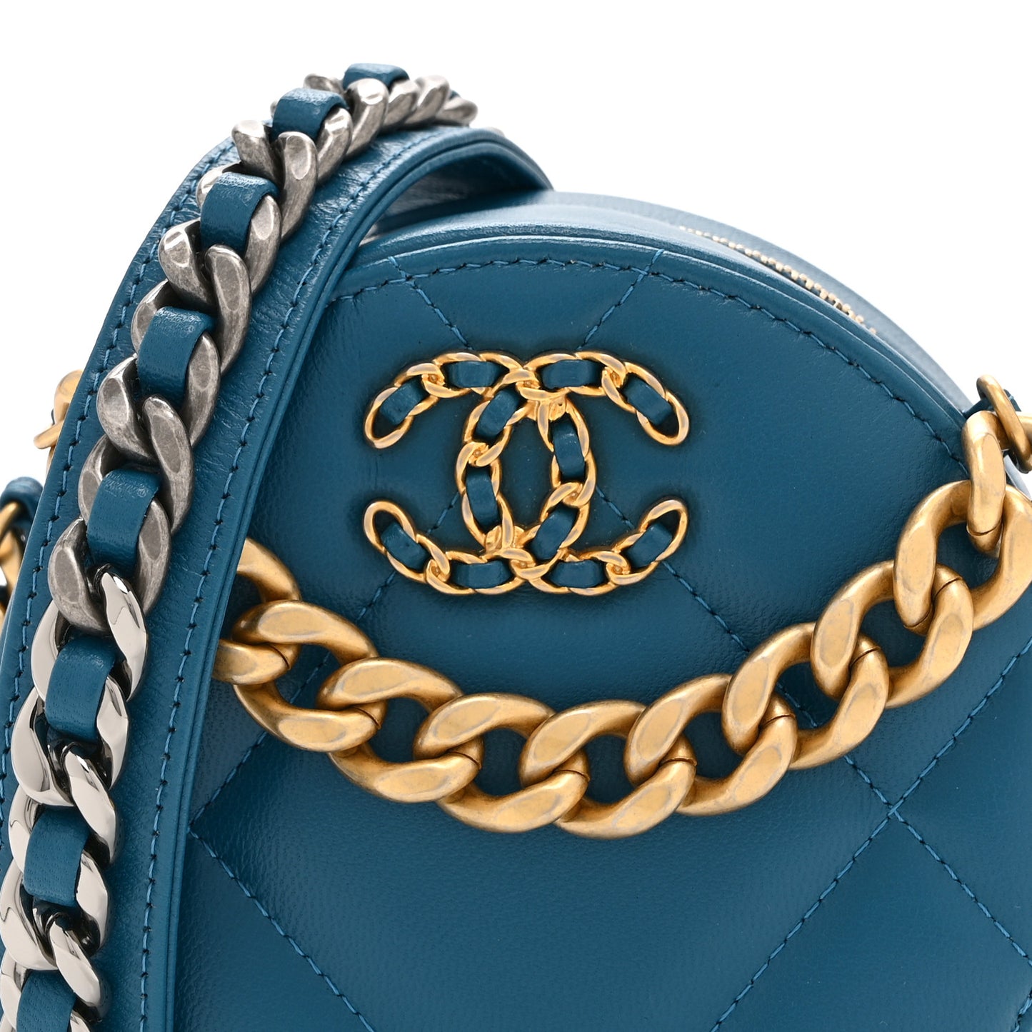 Goatskin Quilted Chanel 19 Round Clutch With Chain Blue