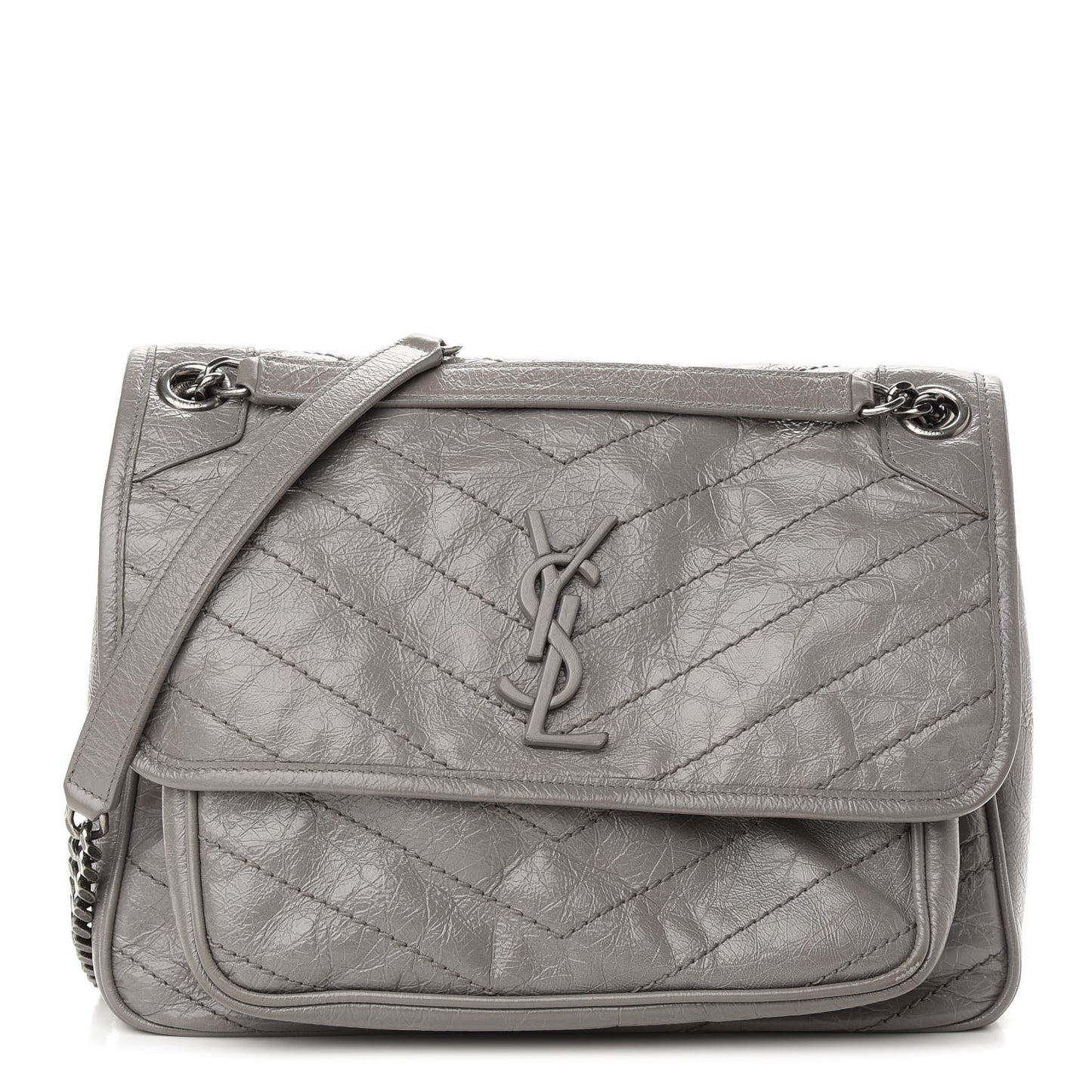 Crinkled Calfskin Matelasse Monogram Medium Niki Chain Satchel Fog