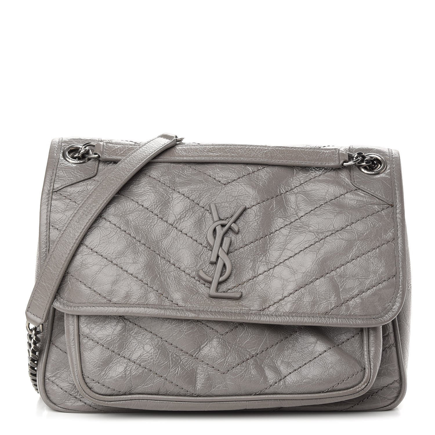 Saint Laurent Crinkled Calfskin Matelasse Monogram Medium Niki Chain Satchel Fog 1 of 10
