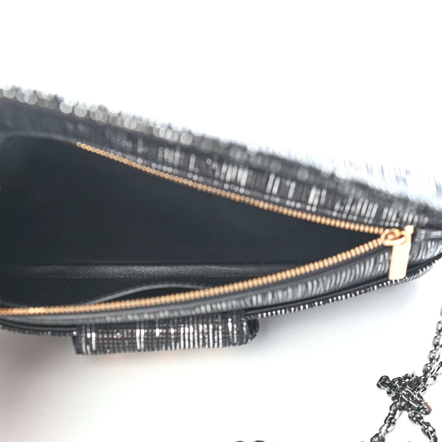 Metallic Nubuck Medium Diordouble Chain Bag Black Silver