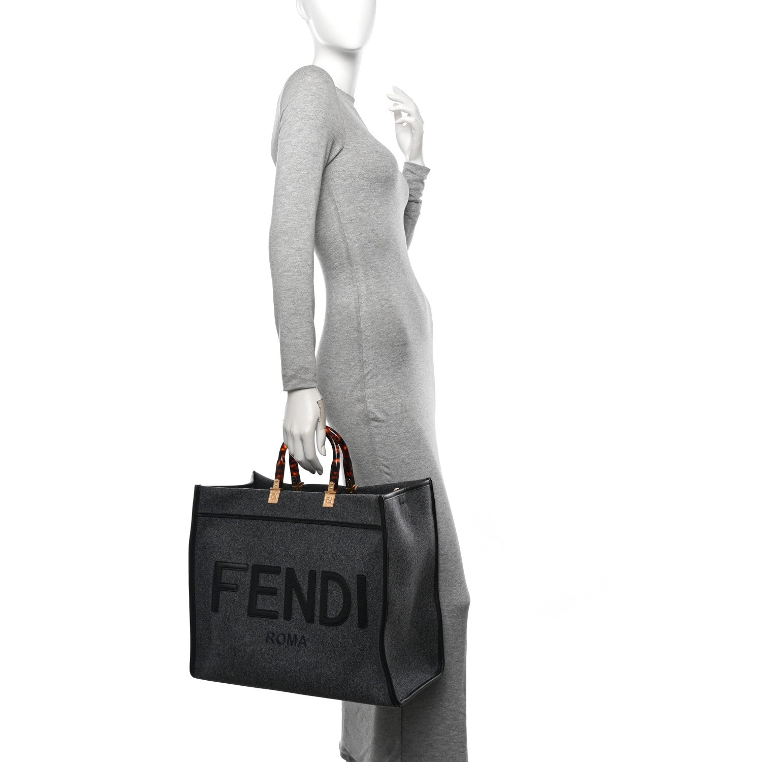 Fendi Melange Flannel Plexiglass Satin Logo Embroidered Threaded Edge Large Fendi Sunshine Shopper Tote Grigio Black 2 of 11