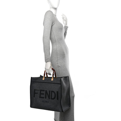 Fendi Melange Flannel Plexiglass Satin Logo Embroidered Threaded Edge Large Fendi Sunshine Shopper Tote Grigio Black 2 of 11