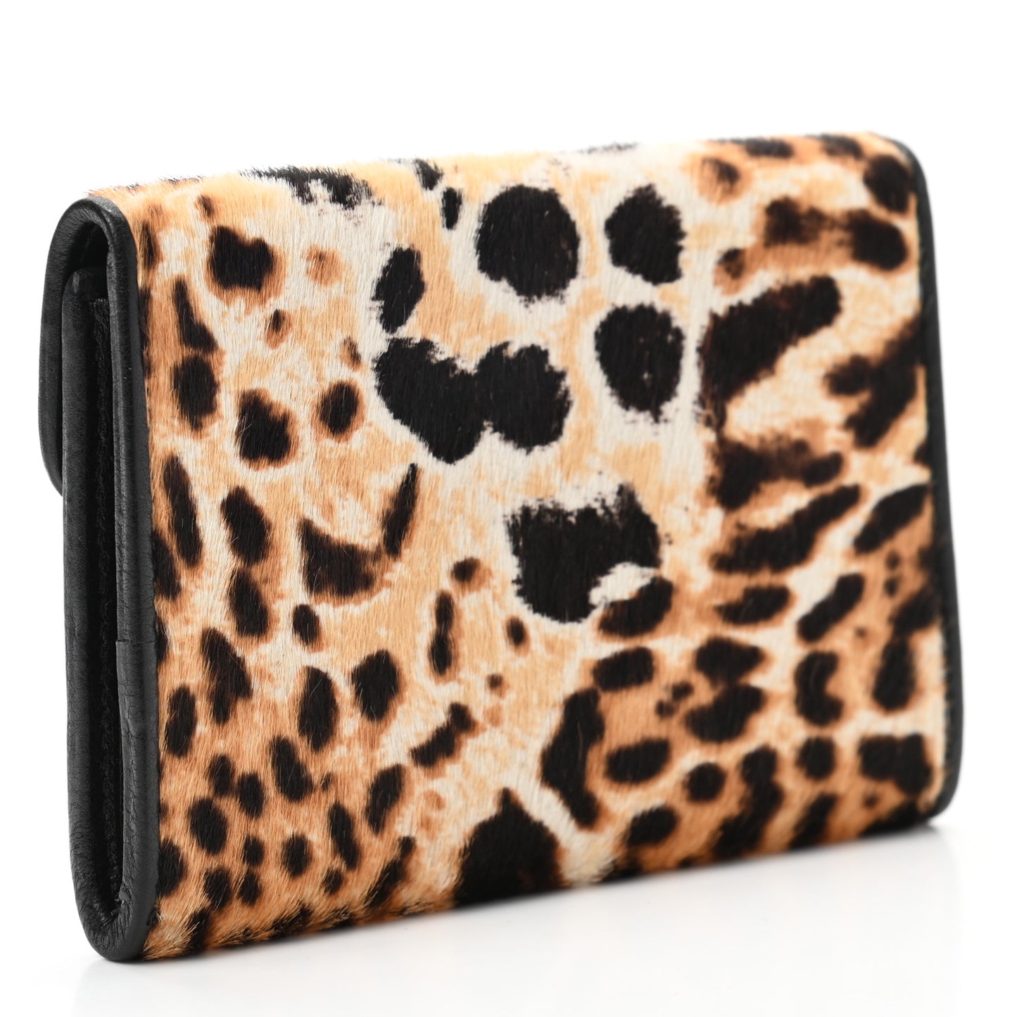 Pony Hair Monogram Leopard Print Card Holder Wallet Black