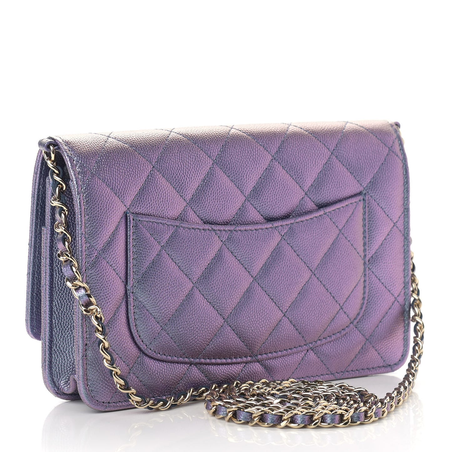 Iridescent Caviar Quilted Wallet On Chain WOC Dark Blue