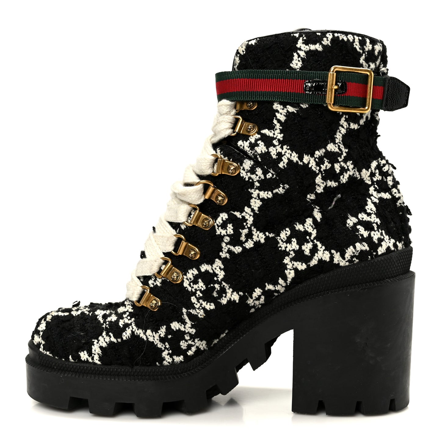 Tweed GG Monogram Lace Up Combat Ankle Boots 38 Black